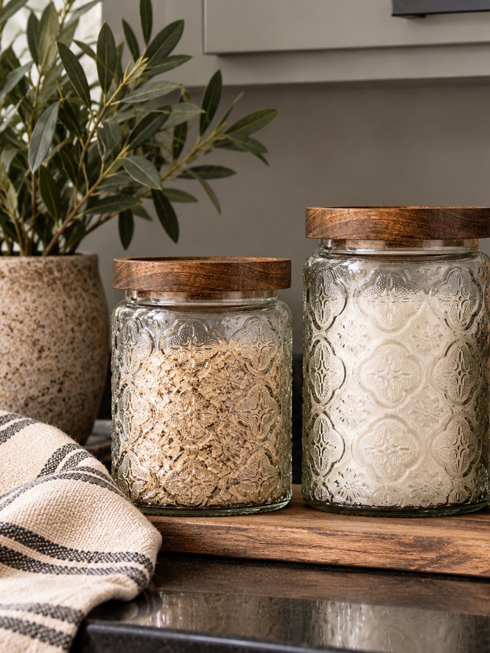 Home Acacia & Glass Textured Storage Jar - Clear Glass with Natural Wood Lid